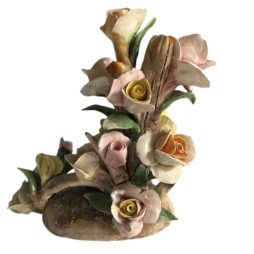 CAPODIMONTE Italian Porcelain Floral Arrangement Pink & Yellow Brown Bark